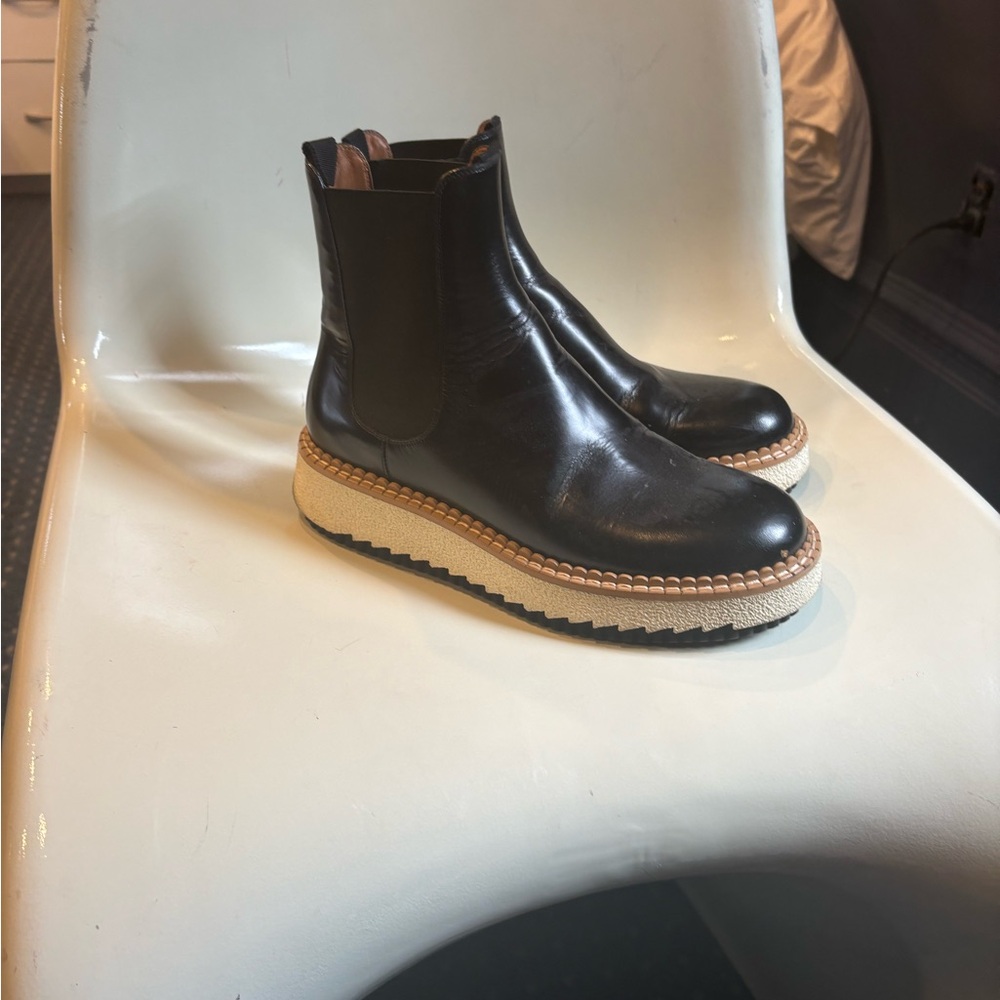 See By Chloe Black Leather Chelsea Booties with Cream Platform
